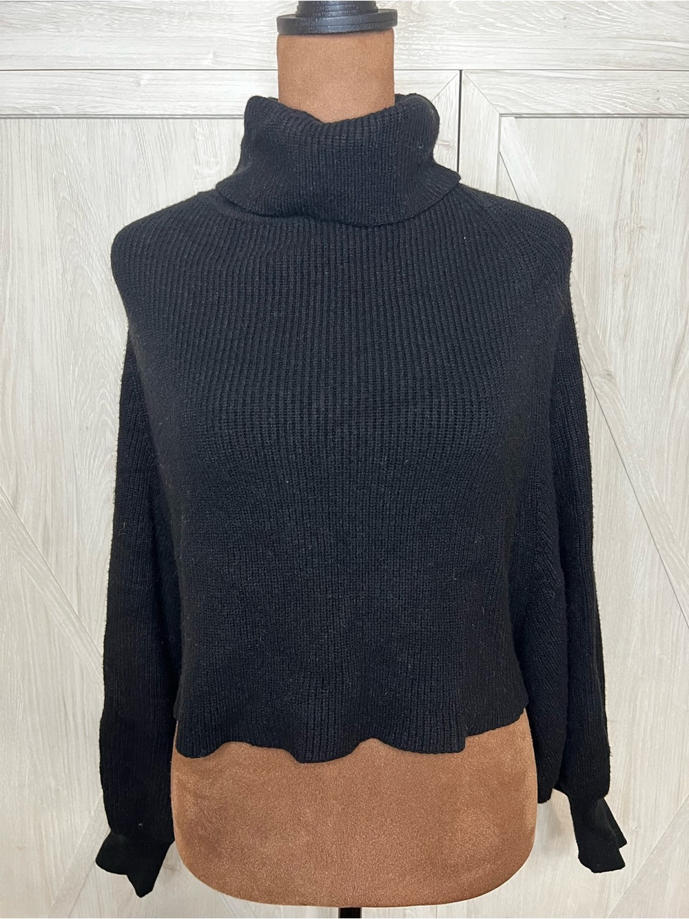 Mustard Seed Black Ribbed Turtleneck Batwing Sweater Open Crossover Back M